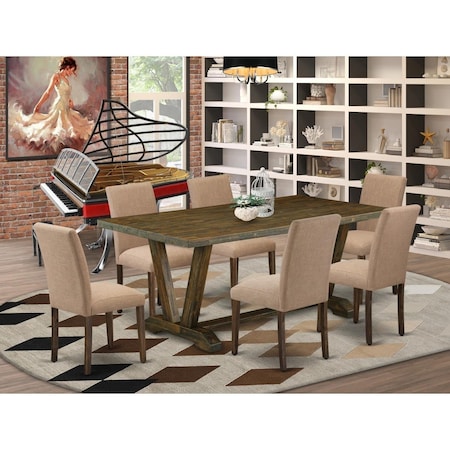 East West Furniture 7 Piece V-Style Wooden Dining Table Set - Distressed Jacobean V777AB747-7